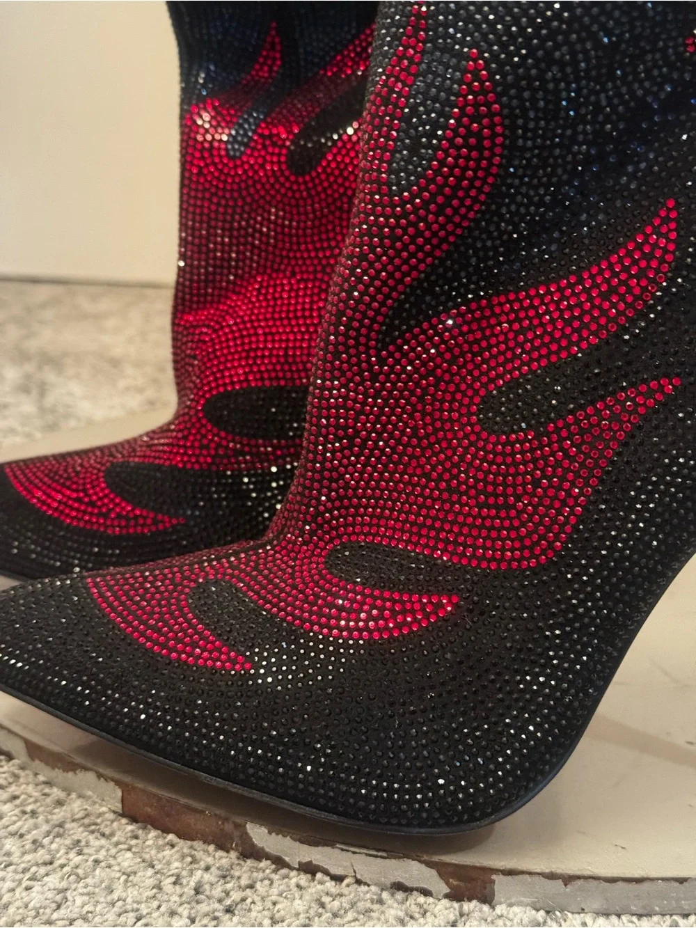 Black and Red Crystal Skull Flame Stiletto Boots . New without original box.